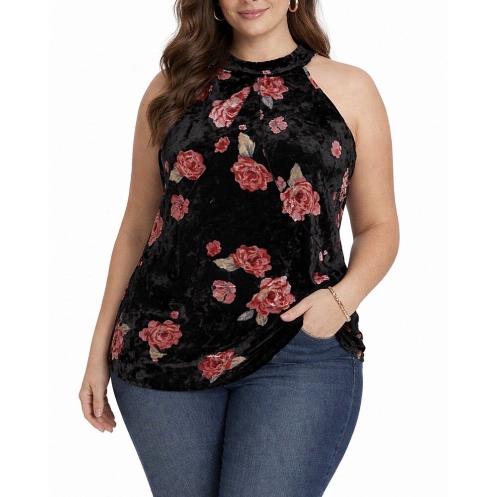 Venus Women’s Open Cold Shoulder Velvet Stretch Blouse Floral  2XL  Halter Neck